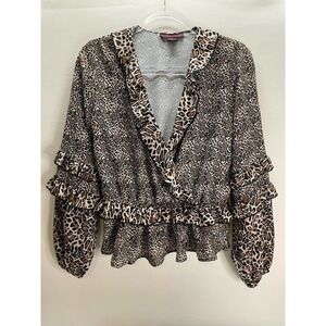 Rock and Roll Cowgirl Leopard Print Faux Wrap Peplum Ruffle Sleeve Blouse MED M